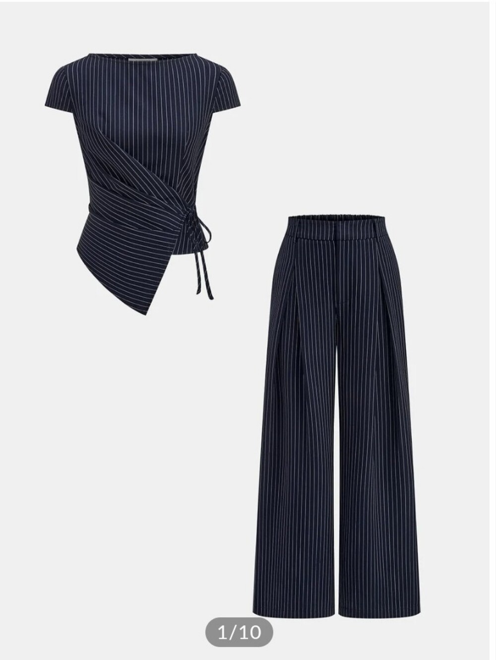 Commense SEALED! NWT! Pinstripe Wrap Tie Top & Wide-Leg Pant Set in Navy. Sz Md.